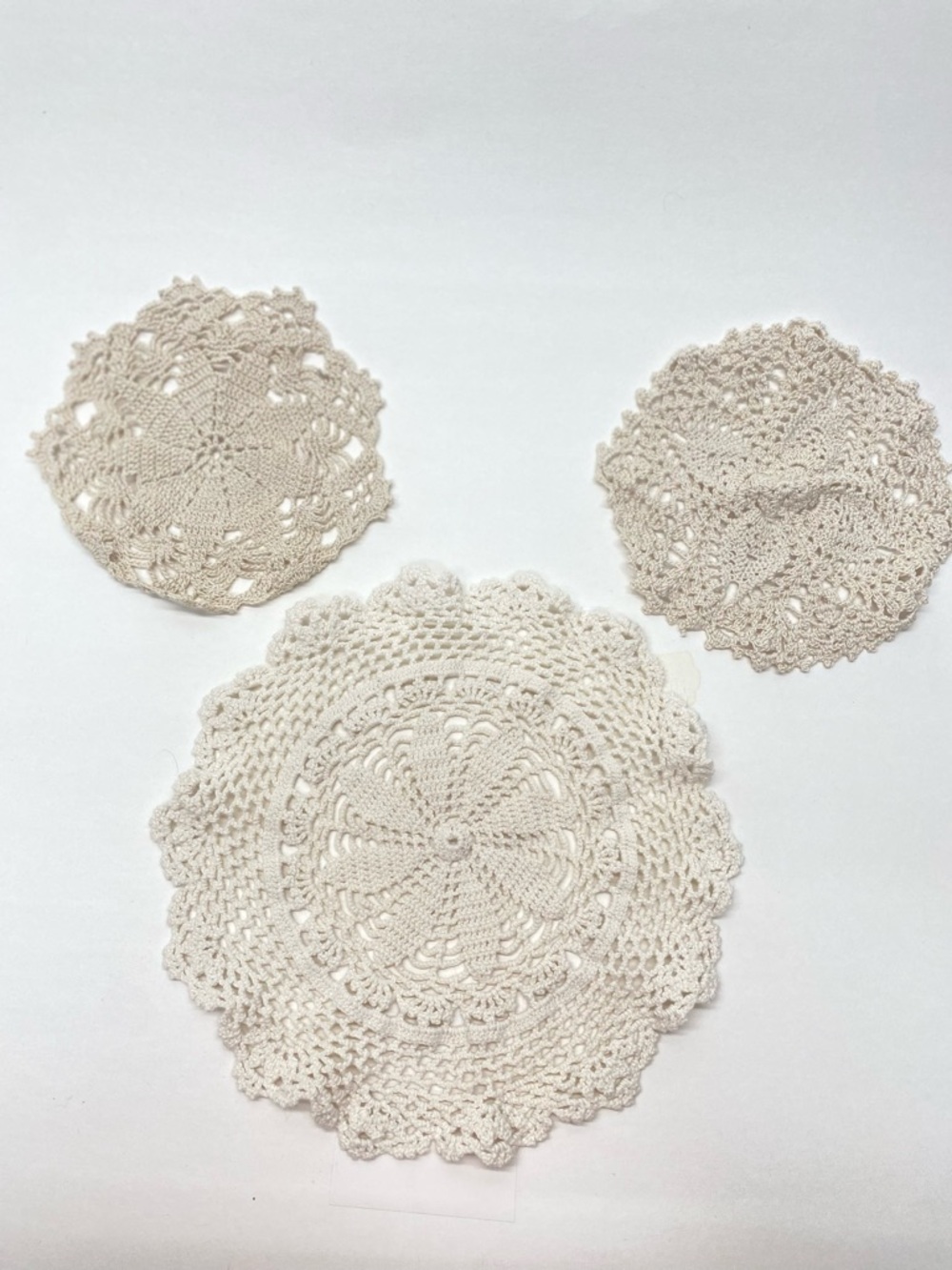 Vintage Handmade Crocheted Doilies Lot of 3 Cream Beige Grandma Core Round